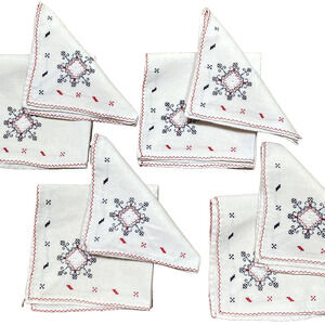 Vintage Set of 8 Cloth Napkins Creamy White Cotton Red Black Embroidery Cutwork